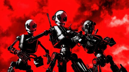 Fototapeta premium Quirky Robots Engaging in Silly Activities Against a Vibrant Red Background