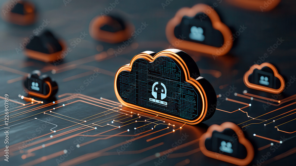 Aufkleber High resolution 3D digital image of cloud computing technology with glowing circuits. design showcases interconnected cloud icons, symbolizing data storage and connectivity