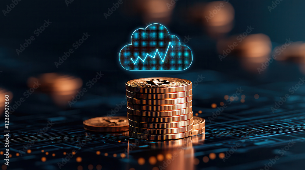 Poster digital currency stack with cloud and growth chart, symbolizing finance