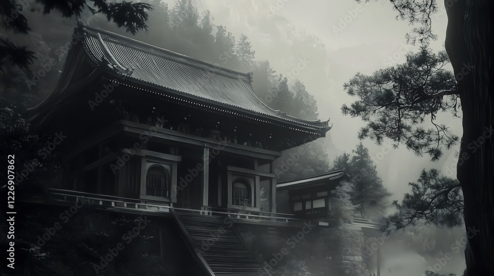 Poster ancient japanese temple surrounded by tall trees in a misty forest setting at dawn. generative ai