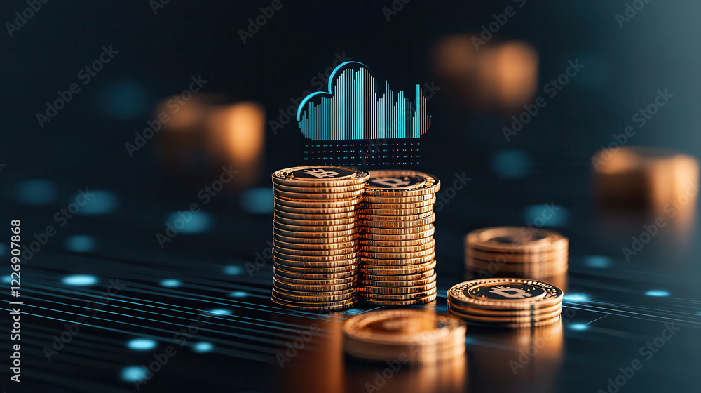 Fototapete digital currency stacks with cloud data visualization, representing cryptocurrency trends and techno