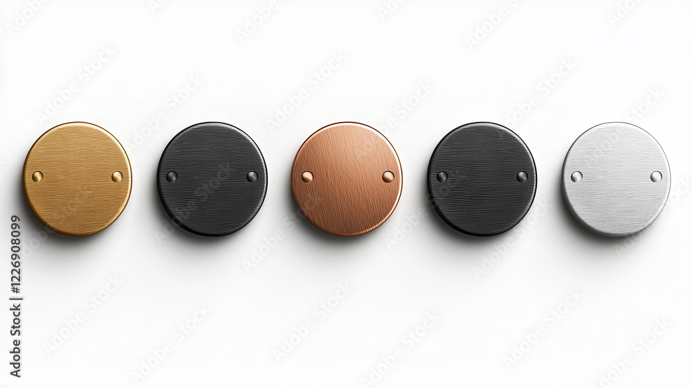 Poster High resolution image featuring five metal circular buttons in various finishes, including gold, copper, black, and silver, showcasing modern design aesthetic
