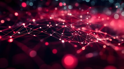 Crimson Digital Network: Abstract image of interconnected nodes and lines forming a complex network, glowing with crimson light against a dark background.