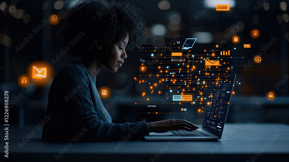 Poster woman using laptop with digital data visualization in dark environment, showcasing technology and in