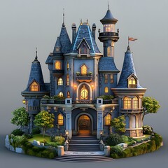 Beautiful and magnificent 3D cartoon palace, on a white background, generative AI