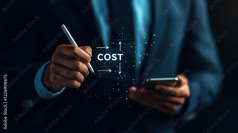 Poster businessman in suit using smartphone and digital pen to analyze cost data, showcasing modern technol