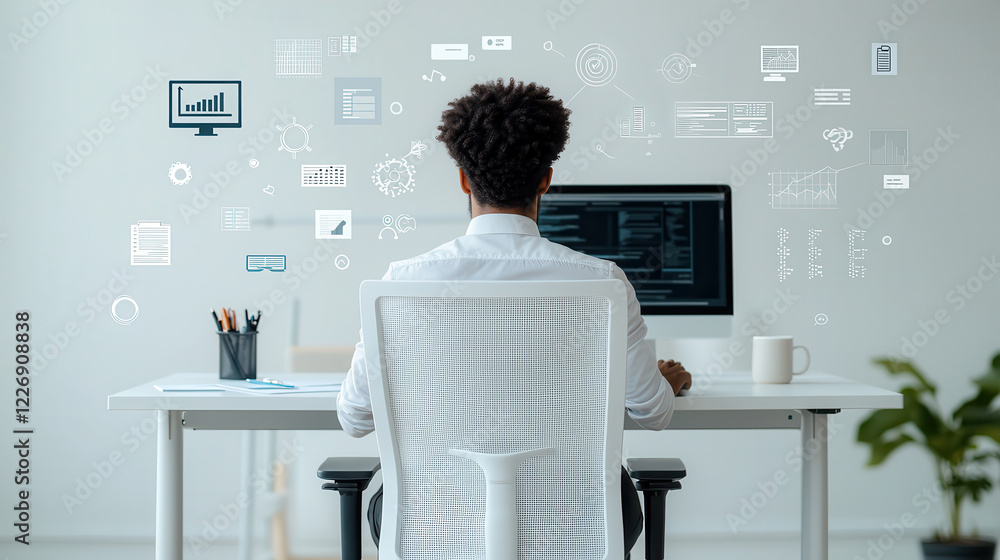 Poster man sitting at desk, working on computer with digital data graphics around him, showcasing modern workspace