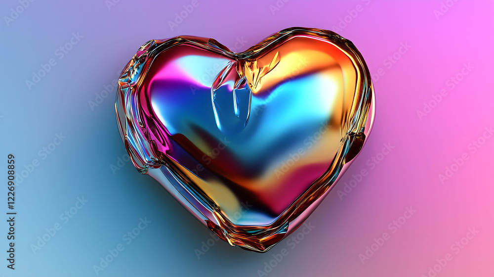 Poster artistic metallic heart sticker with vibrant colors and smooth surface on a gradient background. gen