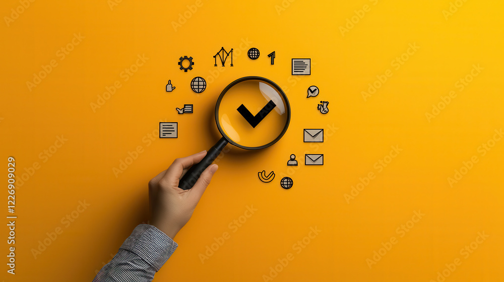 Poster hand holding magnifying glass over yellow background with various icons, including check mark, gears