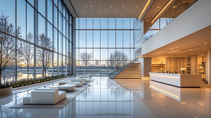 Modern office lobby sunset view, tranquil, elegant design