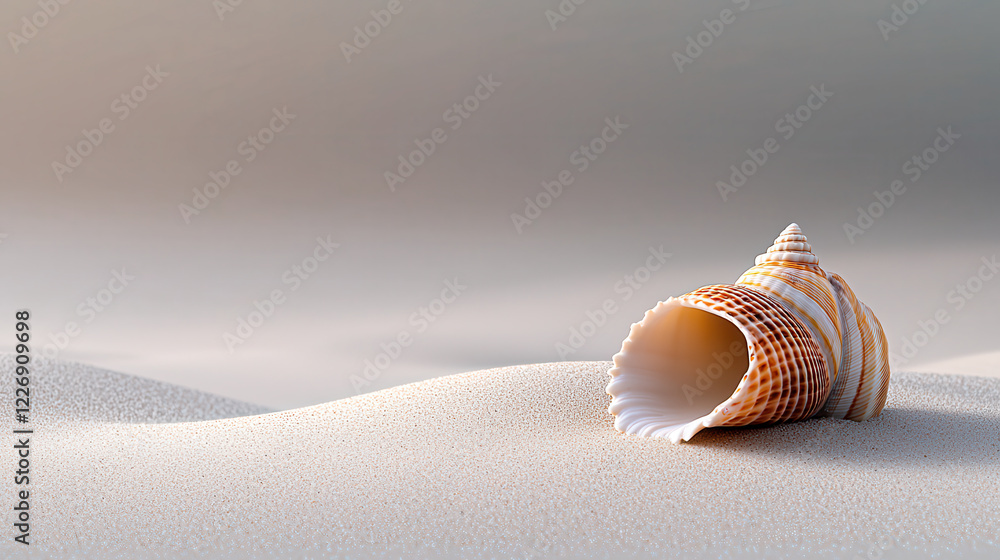 Aufkleber realistic close up image of seashell resting on soft sand, showcasing intricate patterns and textures. serene background enhances natural beauty of shell