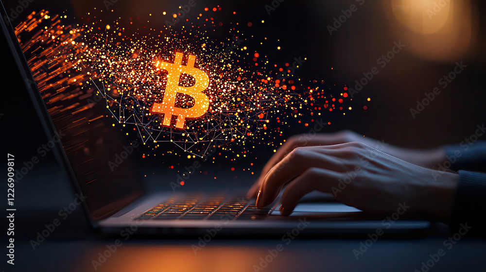 Leinwandbilder hands typing on laptop with glowing bitcoin symbol and digital particles, representing cryptocurrenc