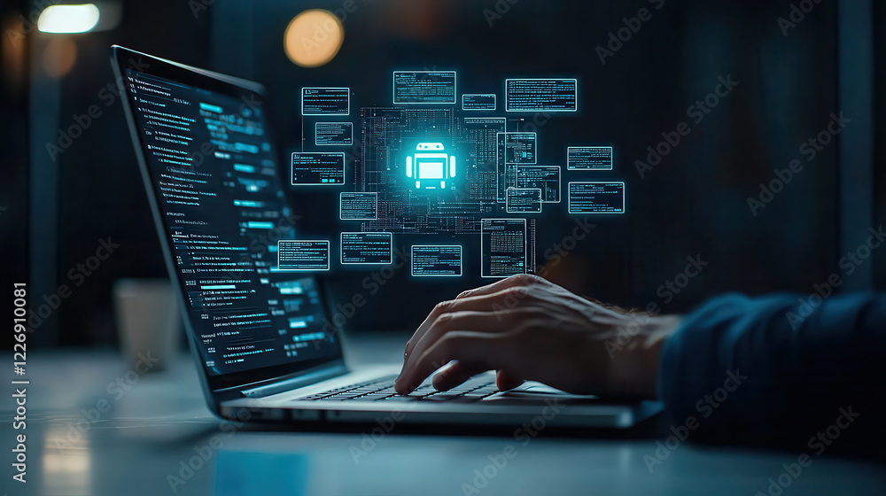 Poster person hand typing on laptop with digital data overlay, symbolizing technology and innovation. scene