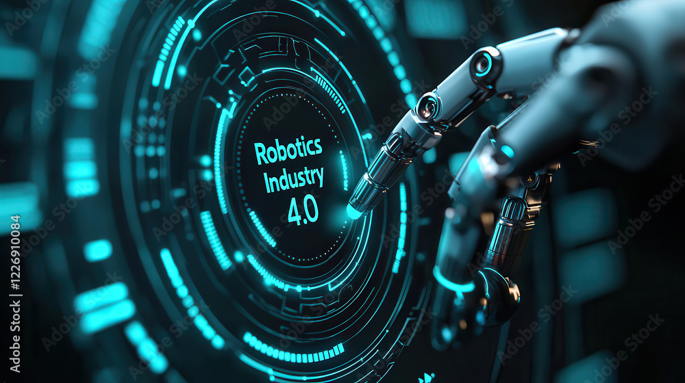 Aufkleber Robotic arm interacting with digital interface displaying Robotics Industry 4.0, showcasing advanced technology and automation in modern industry
