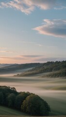 Misty sunrise over rolling hills