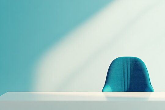 close-up of minimalist workspace with clean white desk and bold blue chair under bright natural light - Powered by Adobe