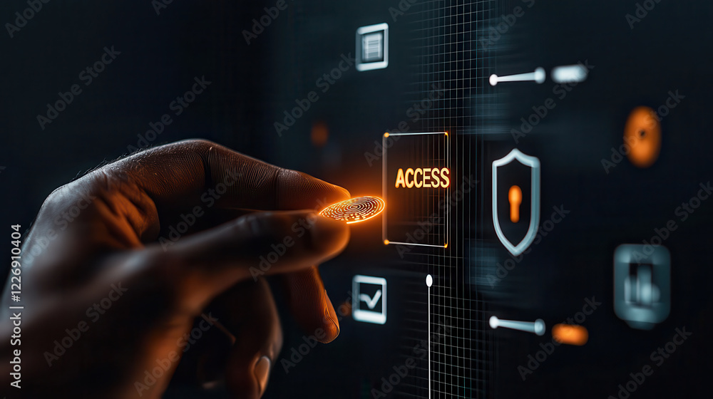 Leinwandbilder Hand touching digital access button on futuristic interface, symbolizing security and technology. glowing elements enhance modern feel of digital interaction