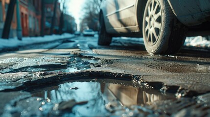 Close up of potholes holes on the road, broken tarmac, bad roads concept