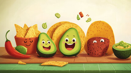 Find a silhouette of mexican cartoon food characters. Kids game, shadow match children logic activity. Educational puzzle with avocado, burrito, tacos and nachos with red hot pepper worksheet riddle