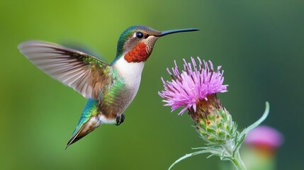 Fototapeta premium Hummingbird and Thistle: A Moment of Serene Beauty