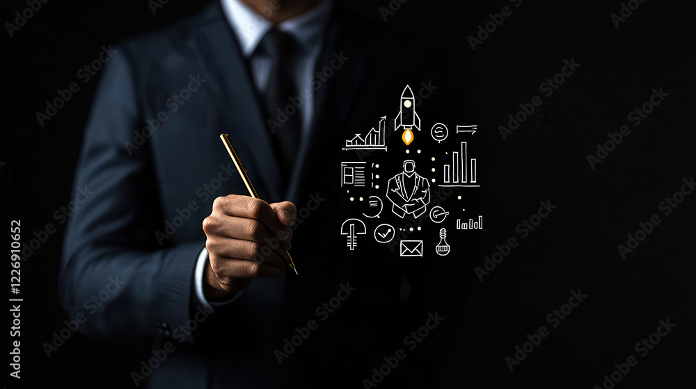 Poster businessman in suit holding pen, illustrating digital business concepts with graphics. image conveys