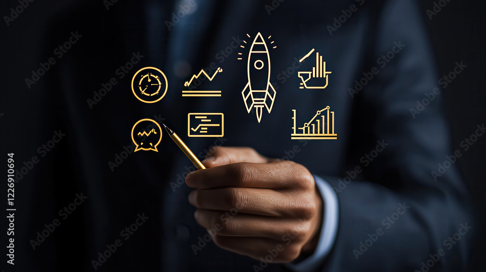 Poster businessman in suit using pen to illustrate growth concepts with icons like rocket, graphs, and cloc