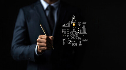 businessman in suit holding pen, illustrating digital business concepts with graphics. image conveys innovation and professionalism in modern setting