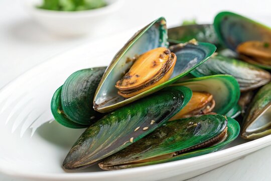 Fresh Green Mussels, Perna Viridis, Isolated on White