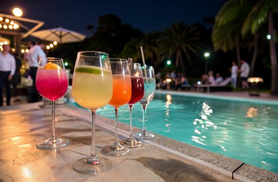 Nighttime scene around a swimming pool with a variety of cocktails in wine glasses. People hanging out in the blurred backgrond