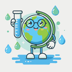 Happy Earth Character Holding Test Tube with Water Drops