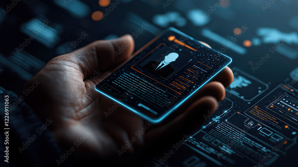 Aufkleber person holding futuristic digital ID card with glowing elements, showcasing advanced technology and data visualization. background features high tech interface with various digital displays