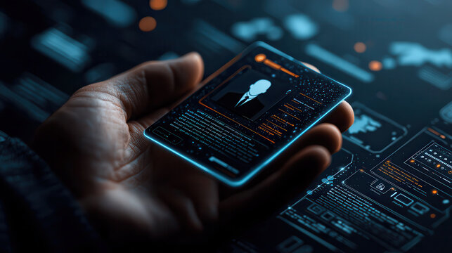 person holding futuristic digital ID card with glowing elements, showcasing advanced technology and data visualization. background features high tech interface with various digital displays