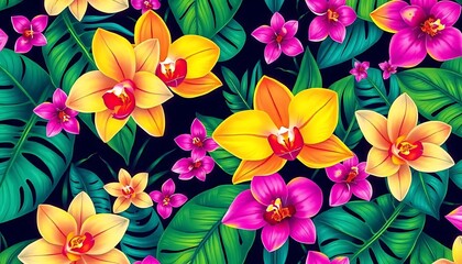 Vibrant Tropical Orchids and Lush Green Leaves