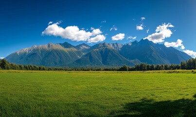 Fototapeta premium Panoramic Landscape of Lush Green Field with Mountain Range Under Blue Sky and Clouds on a Sunny Day, Ideal for Nature Enthusiasts and Landscape Photography Searches, 