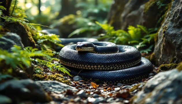 Black Snake Coiled in Lush Forest Scene