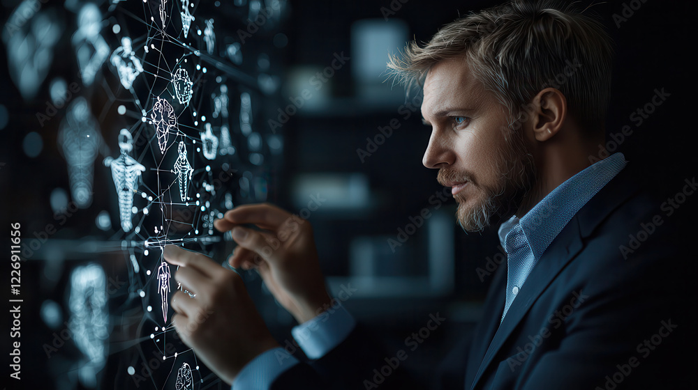 Poster man in suit interacts with digital interface displaying advanced technology and data visualization. scene conveys sense of innovation and focus