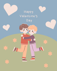 Flat-style illustration of a couple hugging on a grassy hill with flowers and hearts, celebrating Valentine's Day and love. Perfect for greeting cards, LGBTQ+ designs, and romantic projects.