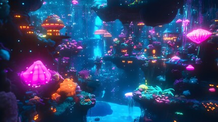 Vibrant underwater scene, colorful coral reefs illuminated by neon lights, emphasizes marine life and aquatic beauty, ideal for ocean themes.