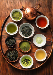 The various types of tea leaves and the copper kettle are placed on wooden plates with small white bowls filled with different liquids in front of them.