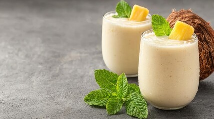 Creamy Pineapple Coconut Smoothie, Refreshing Drink, Gray Background, Tropical Vibe, Food Photography