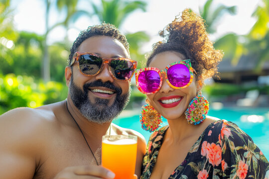 Happy couple on a tropical getaway by the pool, enjoying refreshing drinks and wearing stylish sunglasses.

