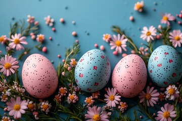 Happy Easter composition for easter design. Elegant Easter eggs and spring flowers on blue background. Flat lay, top view, copy space.