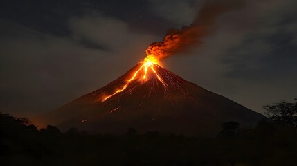 Active volcano erupting at night, bright lava flow contrasting dark sky, stunning natural phenomenon, perfect for adventure tourism.