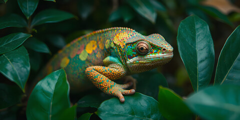 Obraz premium A close-up of a colorful chameleon blending into leaves, pulling back to reveal a vibrant jungle, 8K