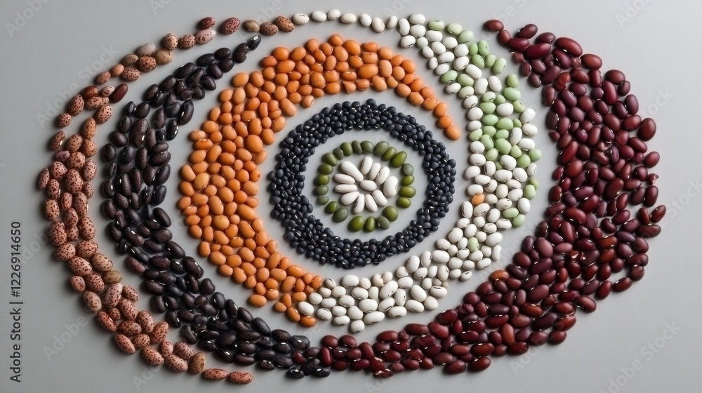 Wall mural Array of differently shaped bean seeds arranged in a spiral pattern on a light grey background