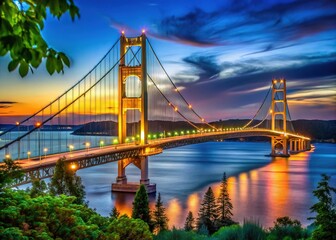 Fototapeta premium Mackinac Bridge lights illuminate Upper Michigan's scenic park.
