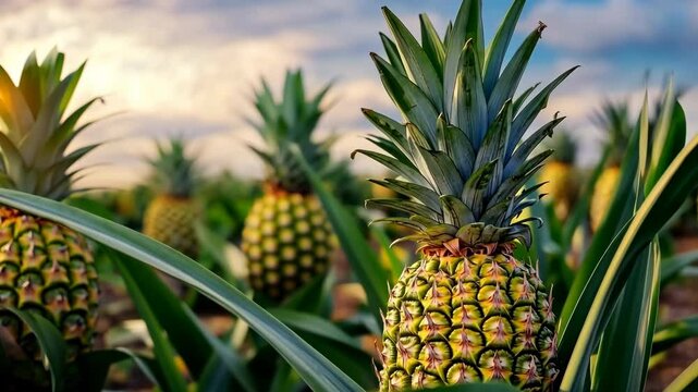 Fresh pineapple fruit growing in plantation field in farm. Pineapples. Tropical fruit grows in the orchard landscape at sunset time. Ananas comosus plant. Farming and industrial agriculture concept.