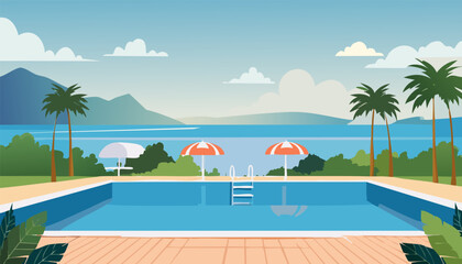 A pixel art depiction of a vibrant swimming pool with chairs and colorful umbrellas