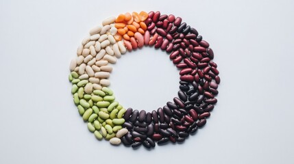 Assorted bean seeds displayed in a circular pattern on a white background for a clean aesthetic