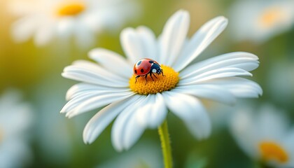 Fototapeta premium Spot of color ladybug atop a bright white daisy 